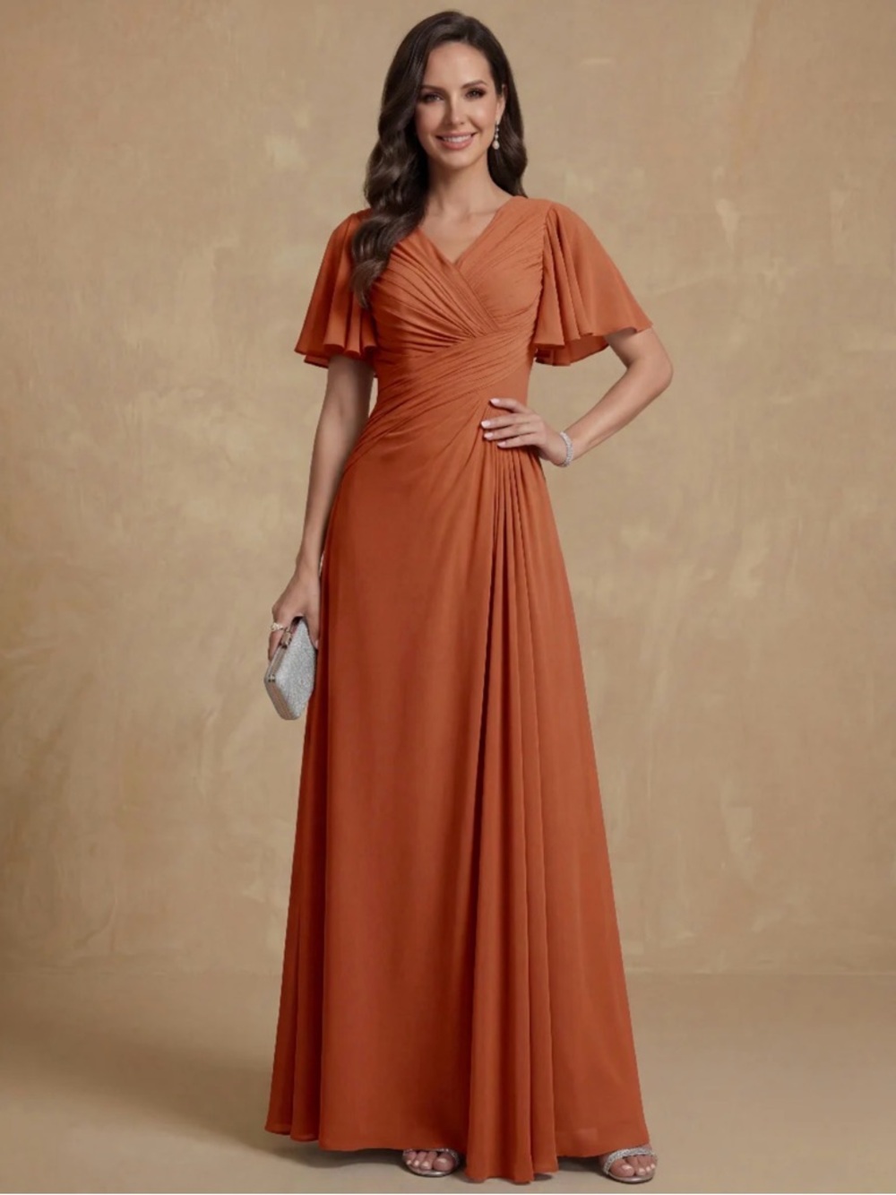 Flutter-Sleeve V-Neck Maxi Dress in Burnt Orange